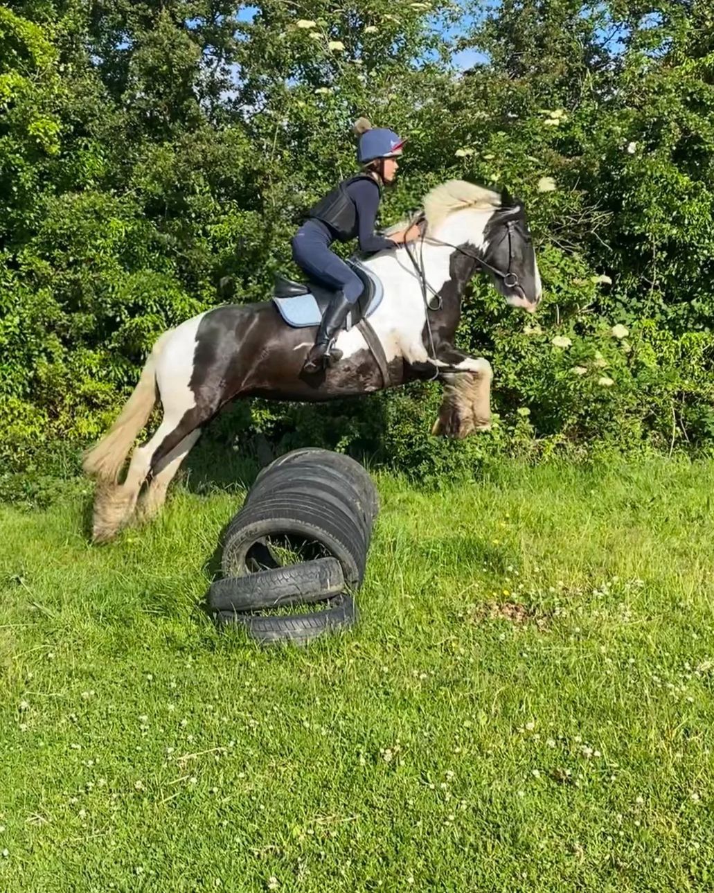 Gladys jumping a tyre fence with a rider